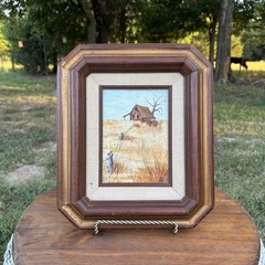 Vintage 1983 Rustic Barn Oil Painting Cottagecore Farmhouse Linen Liner