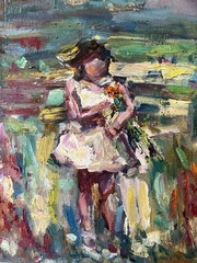 A Little Children Girl In Sunflower Original Oil Painting 10×7”