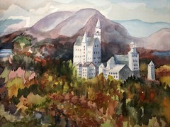 Original Painting Watercolor Castle Artist Joan Perry Vintage Art 20” X 14 1/8”