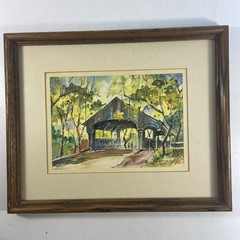 Vintage 1981 Mary Alice Reid Original Watercolor Long Grove Covered Bridge 9×11