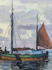 Impressionist Johan Kock 1869-1944 Evening Sea with Fishing Boat Oil Painting