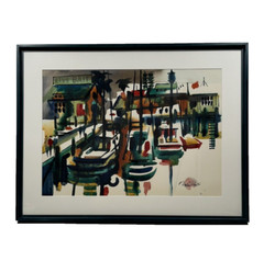 NOEL QUINN MODERNIST ABSTRACT HARBOR COASTLINE CALIFORNIA WATERCOLOR PAINTING