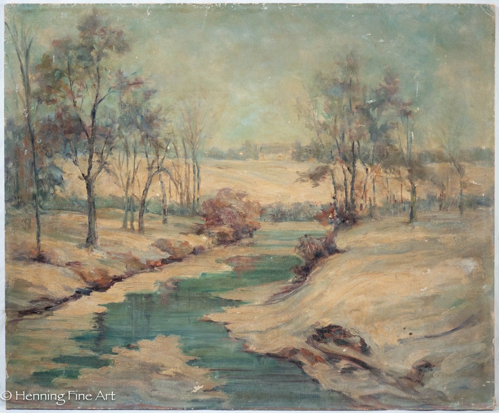 Vintage Impressionist Oil Painting Winter River Landscape Unsigned, Fine 20×24″