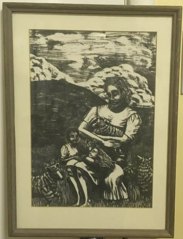 RARE Jesus w/ Children & Lambs Original Charcoal Hand Drawn Artwork Estate Find