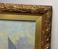 Vintage original Evgeny Expressionism nautical sail boat oil painting on canvas