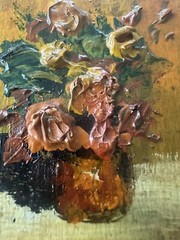 Vintage Oil on Board Floral Painting Signed Liz 3D Impasto Small