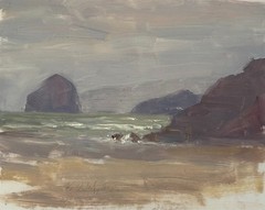 Cloudy coast Oregon seascape original oil painting by living artist 6″x7″
