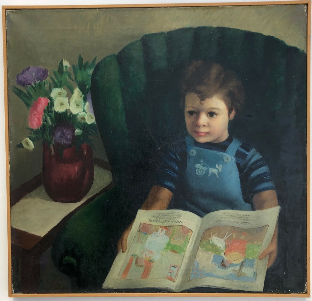 Little Girl Reading Fairy Tales Oil Painting-1940-August Mosca
