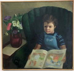 Little Girl Reading Fairy Tales Oil Painting-1940-August Mosca
