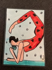 ACEO watercolor art by PJ, art card 2.5 x 3.5: morning coffee and exercise