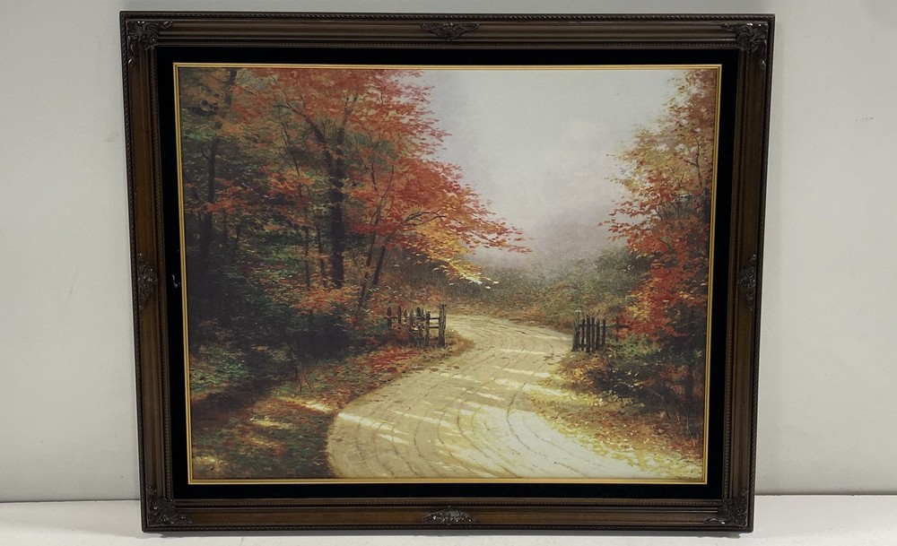 Framed painting of Autumn country path with trees and fence Impressionist