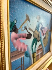 Original Fred Blassingham Painting on Canvas – Jazz Trio – Framed – Signed Art