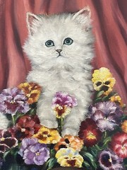 Janet Holmes Antique 1930s Deco Cat Kitten Pansy Flower Wagon Portrait Painting