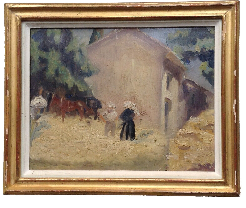 19th Century Impressionist Oil Painting Threshing Wheat in Provence Using Horses