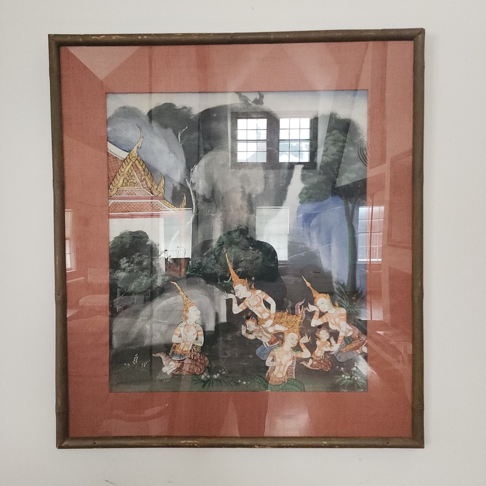Rare 19th Century Thai Thangka Gouache On Canvas Early Framed Painting