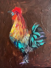 Original Painting, Rooster Chicke Bird Farm Animal, Acrylic 8×10 inch Canvas