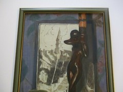 ANTIQUE OIL PAINTING STILL LIFE EARL SCHERM ART DECO BRONZE STATUE VILLAGE VIEW