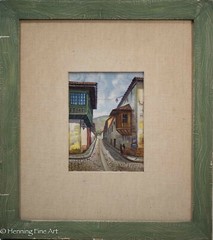 Vintage Oil Painting of European City Street Scene with 2 Figures, Framed