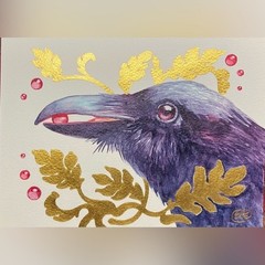 Original Raven Painting crow Bird Art Gold accents surreal nouveau Artwork USA
