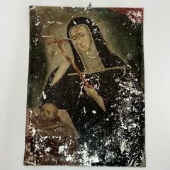 St Catherine Siena Painted Tin Retablo Skull c1900 Antique Catholic Memento Mori