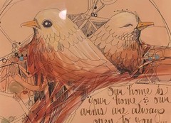 Vintage Mixed Media Print Calligraphy Watercolor Painting Bird Poem Welcome Home