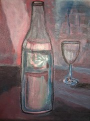 Art Original Acrylic On Canvas 14″ x 16″ Abstract Wine Bottle & Glass Still Life
