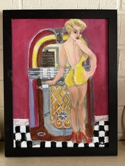 Original Acrylic Painting on Canvas panel 9″ x 12″ OOAK Juke Box Judy