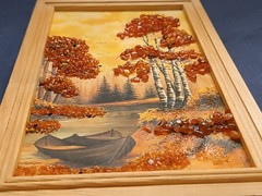 Painting From Amber Stones Autumn Landscape Boat 27 cm x 16 cm, 178 g