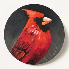 Original Oil Painting Cardina Art on Round Wood Panel Miniature Nature Decor