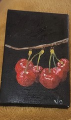 Cherries SMALL 6X4 Still Life Painting on Canvas Original Small Signed Unframed