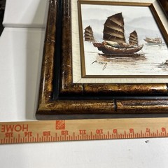 P. Wong Chinese Junk Boats oil painting on canvas, faux bamboo frame