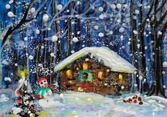 ACEO Original Winter XMAS Cabin Tree PAINTING Snow Snowman Holiday Landscape ART
