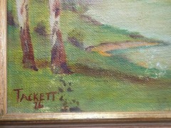1976 Tackett Oil Painting Trees River Bank 17 1/2″ x 7″