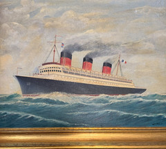 Vintage SS Ile De France Artist Original Oil Painting W. T. Olivea Wood Frame