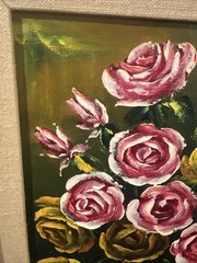 Oil painting bouquet of pink and yellow roses vase Signed