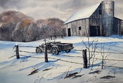 Watercolor Painting Indiana Artist “Snowy Barn Model T Truck” 1979