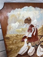 Vintage Primitive Folk Art Painting – Signed Girl Goose On Wood Board Wall Decor