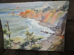 Original Watercolor By Peg Humphreys, California Cove & Cattle Barn 30″x 22″