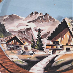 Vtg. Wall Hanging Artist Signed Mountain Village Round Wooden Hand Carved Frame