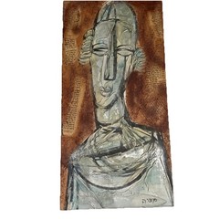 Vintage Original Moshe Katz Figure /Hebrew Txt Canvas Signed