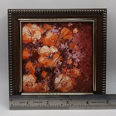 Textured Orange Flowers Painting Original Impasto Burgundy Botanical Art Framed