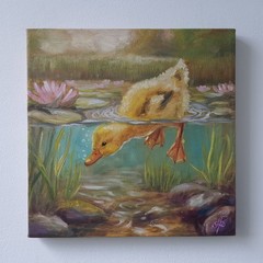 Diving Duckling Original Oil Painting Duck Pond Wildlife Animal Nature Art Gift