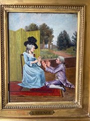 19th C. Victorian Painting Signed – Portrait Lady & Pretender – Antique Frame
