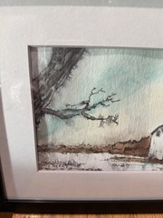 Original Watercolor Painting Of Landscape Barn And Trees Frame 10”x8”