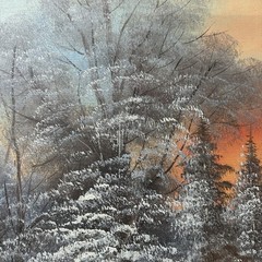 VTG Original Oil Painting Framed 29.5×25.5 Inch Canvas Winter Landscape Sunset