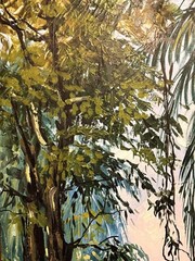 Vintage Original African Art Jungle Forest Landscape Painting Trees People River