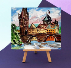 Oil painting.Old city by the river with a bridge. Landscape.Modern mini wall art