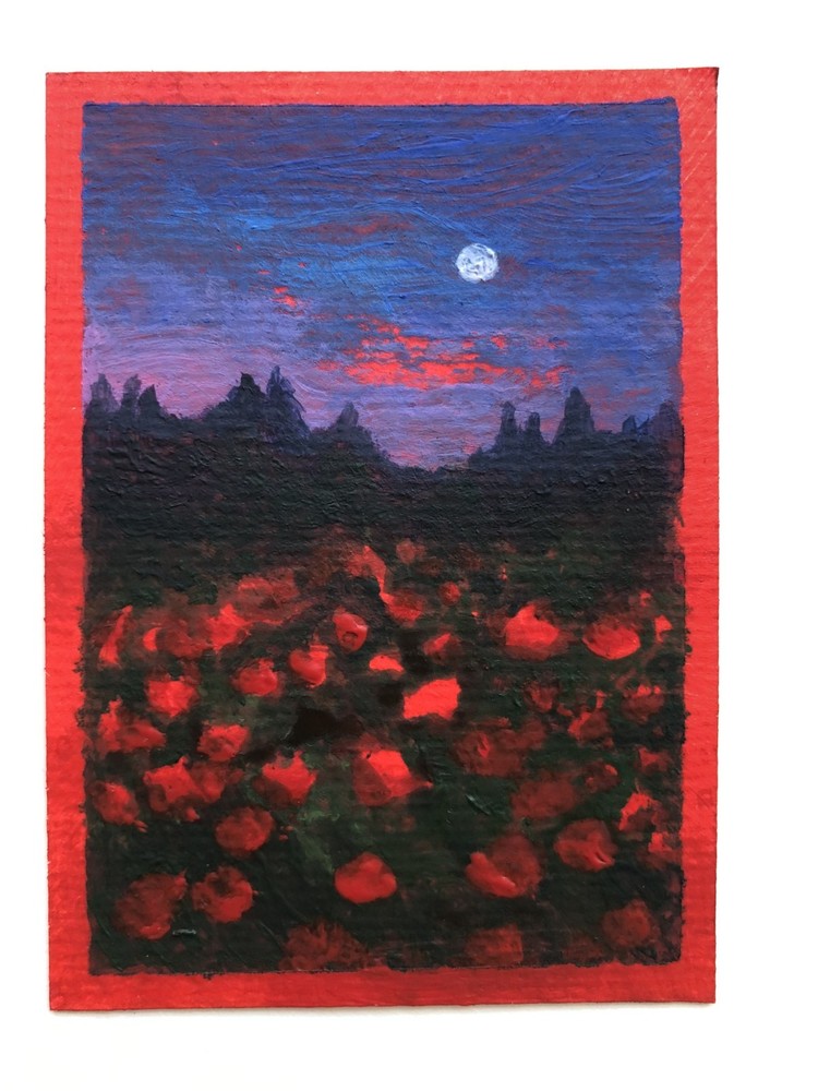 Poppy Field Dream ACEO Original – OOAK Night Moon Landscape Acrylic Painting