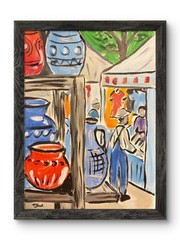 Original Pottery Market Painting 11×14 Acrylic Canvas Street Scene Artwork