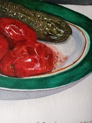 paintingwatercolorstilllifegiftpickledcucumbersandtomatoesonaplateaglasshandmade
